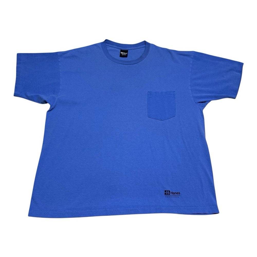 Vintage‎ 90s Hanes Collection Blue Single Stitch Cotton Pocket Shirt Adult XL